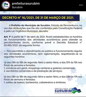 Decreto Municipal nº 16/2021, de 31 de março de 2021