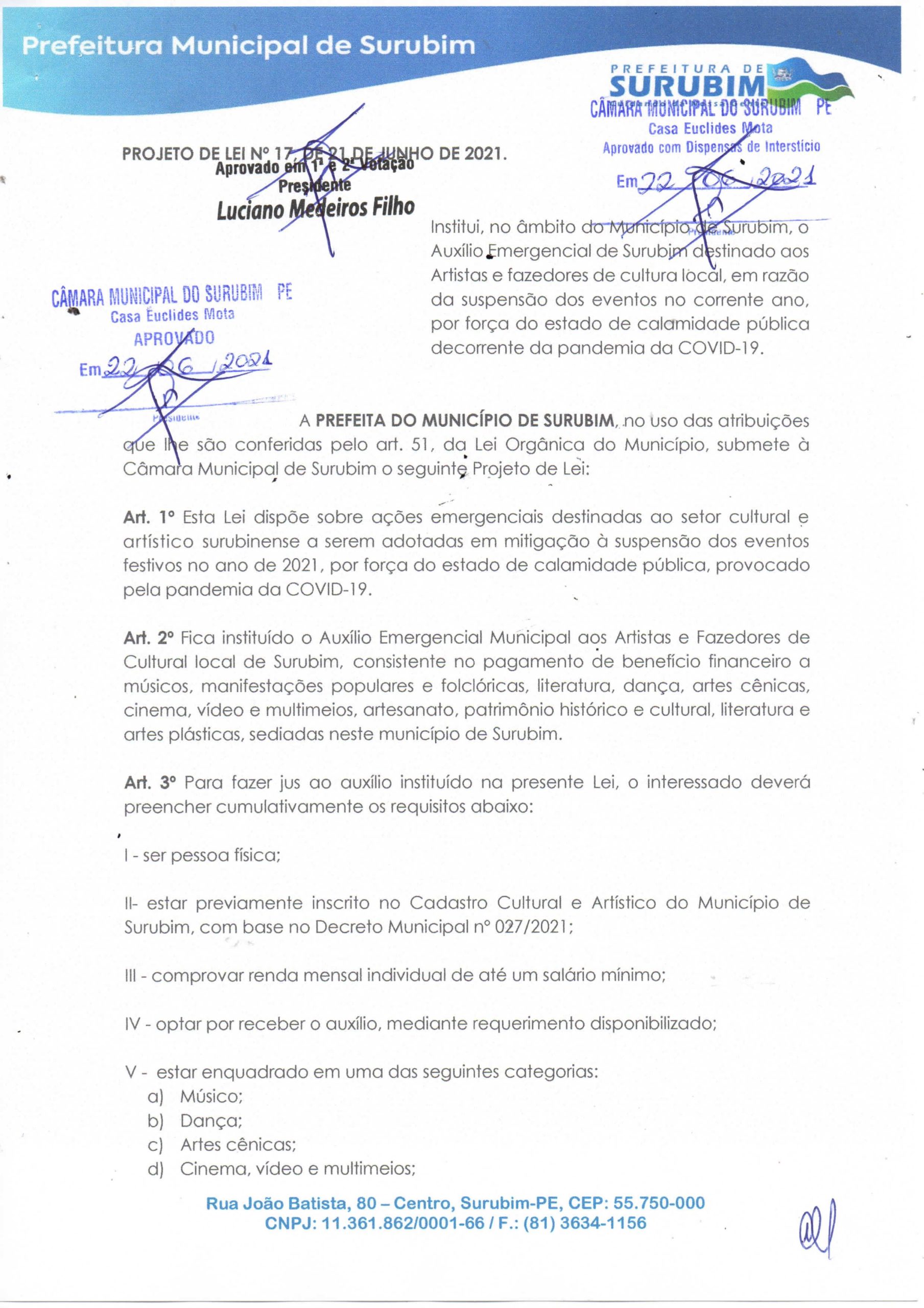 Câmara aprova Projeto de Lei nº 017/2021